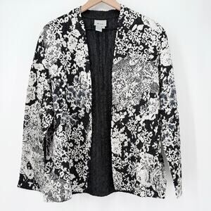 Analogy Black & White Floral Textured Open Front Jacket Topper Size Large Artsy